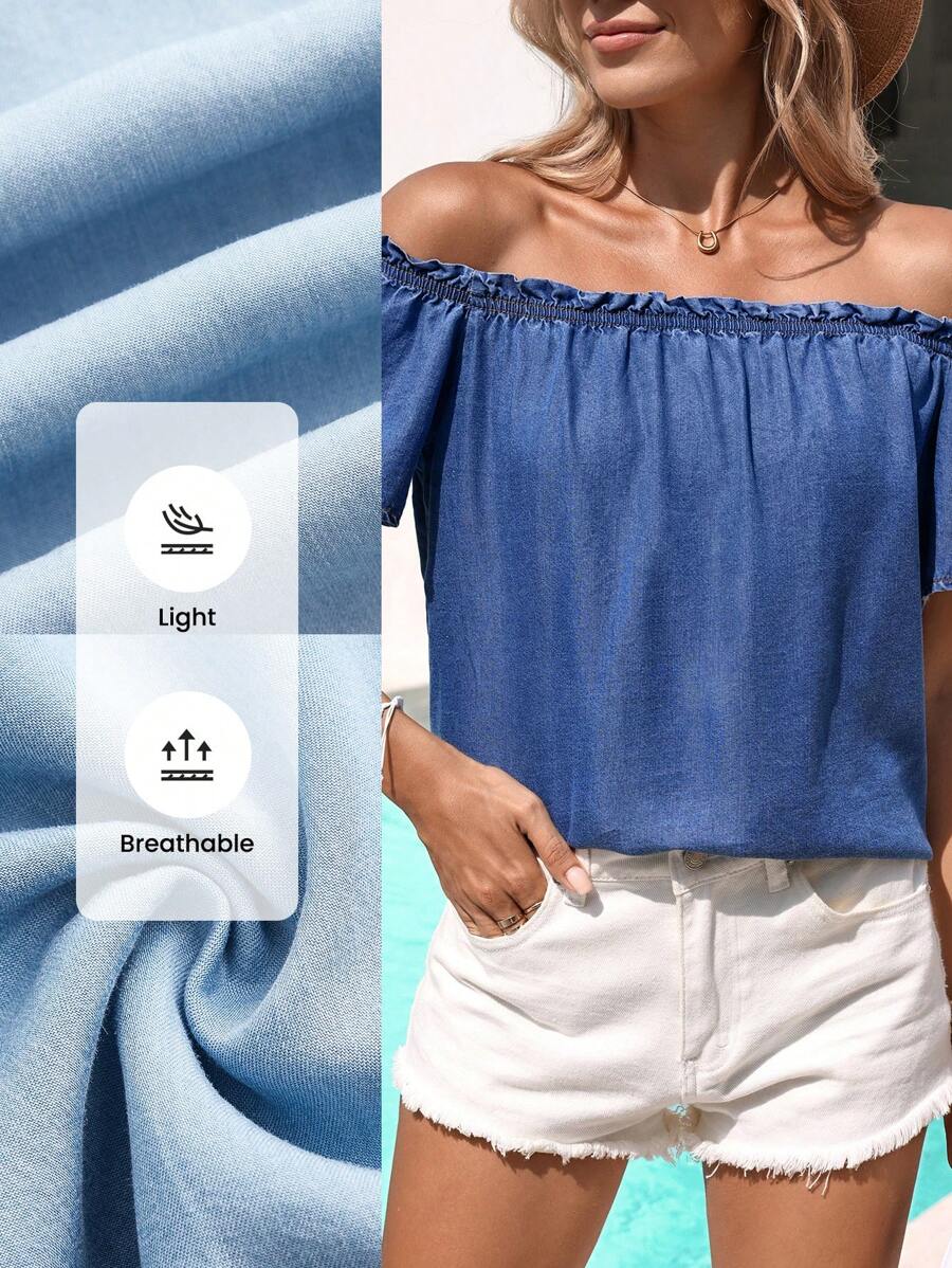 SHEIN VCAY Women's Short Denim Effect Off Shoulder Shirt For Summer Beach Vacation Casual Outfits