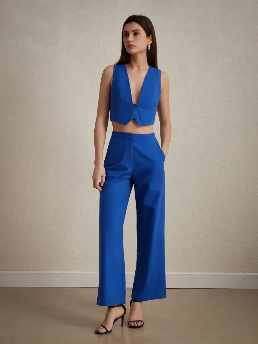 Aveloria Modichic Conjunto de traje de mujer con chaleco de trabajo sencillo, top entallado con cuello en V profundo y pantalones a Set para el trabajo diario