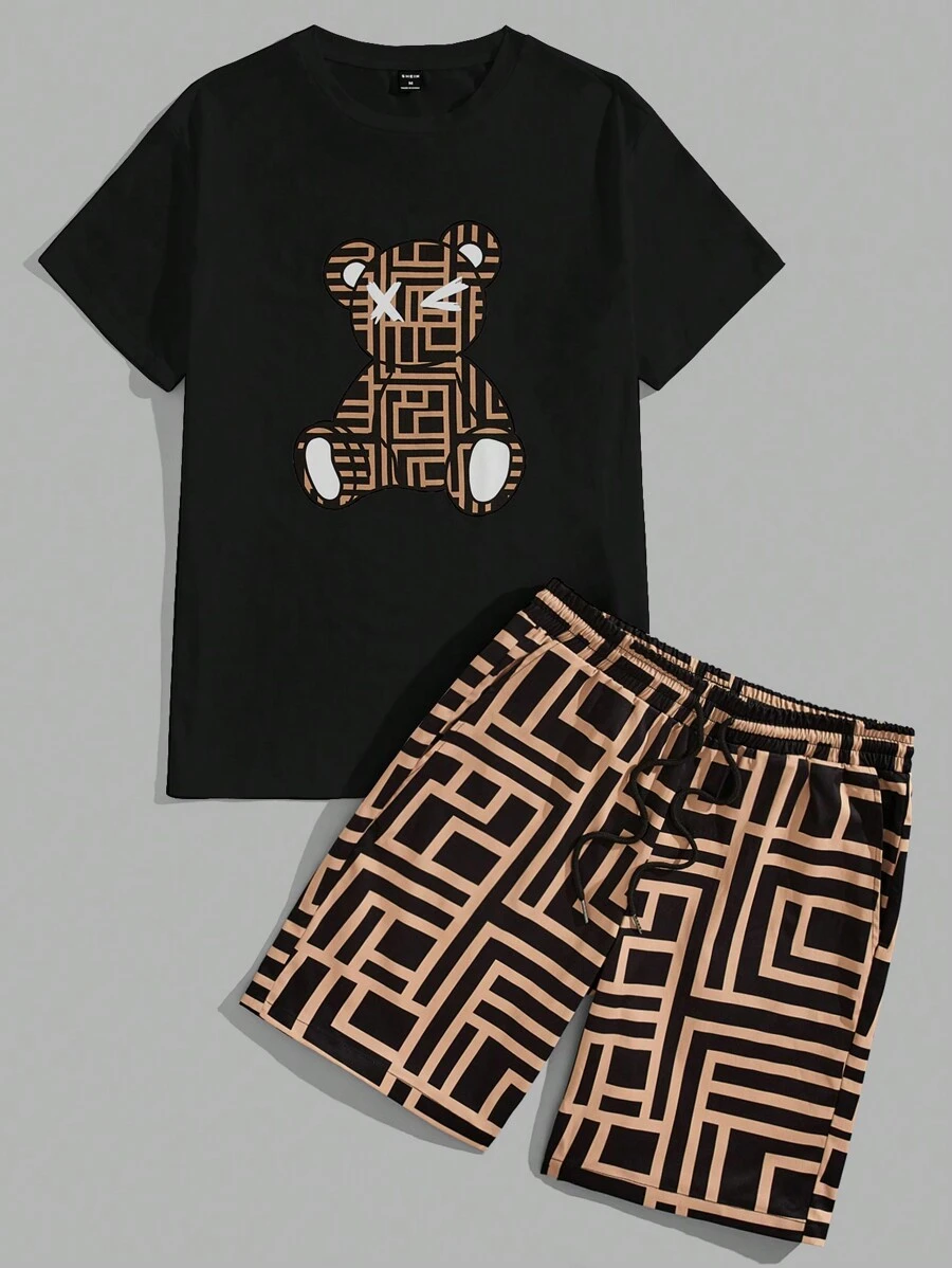 Manfinity VCAY Men's Summer Cartoon Bear Printed Round Neck Short Sleeve Casual T-Shirt And Drawstring Waist Shorts Set