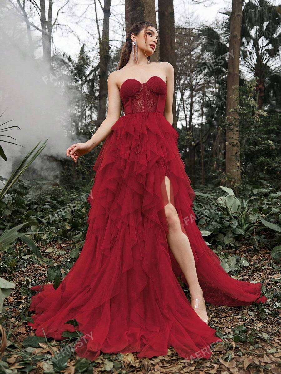 Faeriesty Mesh Overlay Hem Split Thigh Tube Formal Dress Party Dress Wedding Guest Dress Evening Dress,Gown