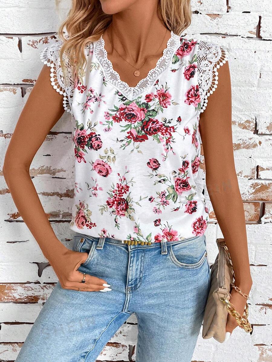 SHEIN Clasi Camiseta elegante y romántica de verano con cuello en V y encaje de contraste exquisito con ajuste delgado en base blanca y flores rojas