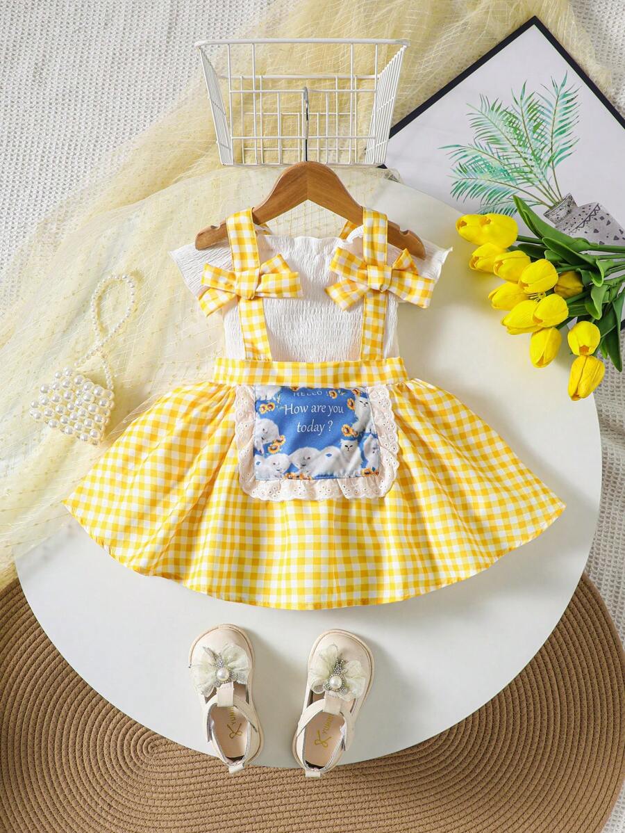Baby Girl Plaid Printed Dress With Bowknot Decoration And Suspender Skirt Set