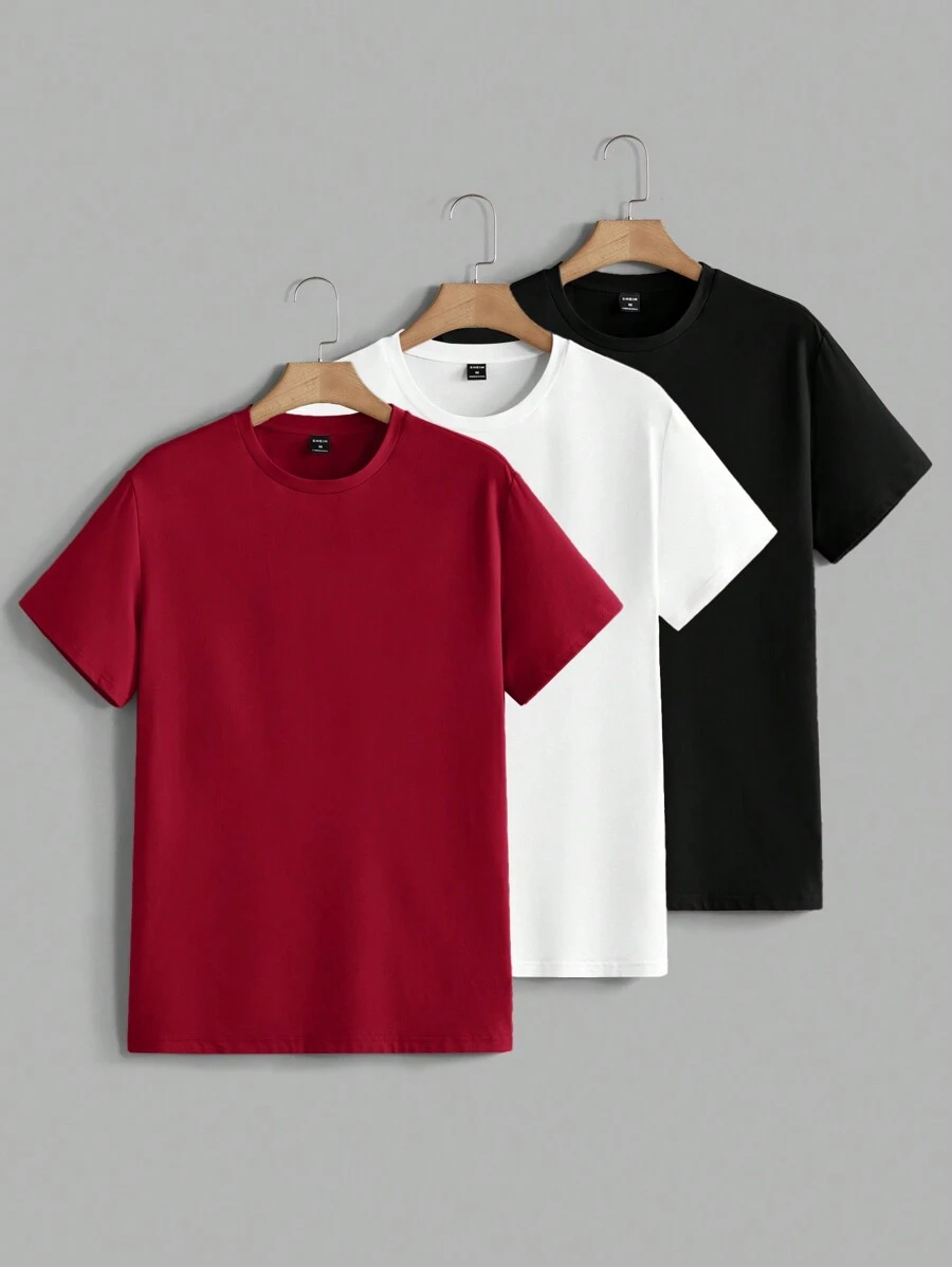 Manfinity VCAY 3pcs Pack Men's Summer Knitted Solid Color Casual Short Sleeve T-Shirt