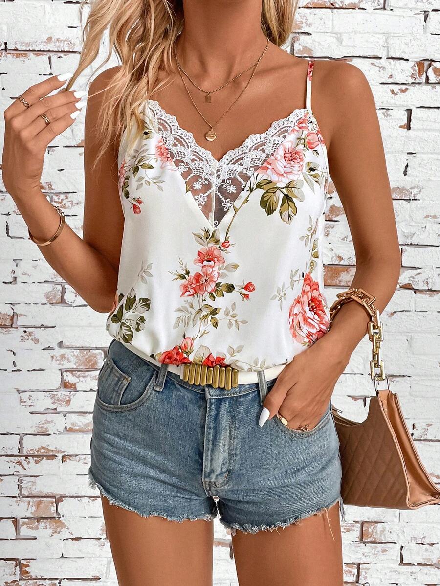 SHEIN Clasi Summer White Base Pink Floral Collar Lace Splicing Bodysuit Floral Bodysuit Country Concert Outfit Women Vintage Clothes Beach Women Outfits Summer Women Bodysuit Casual Women Bodysuit
