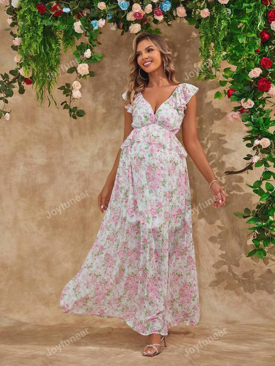 Joyfunear Maternity Vacation Casual Backless Long Floral Dress With Ruffle Hem And Tie-Up Details