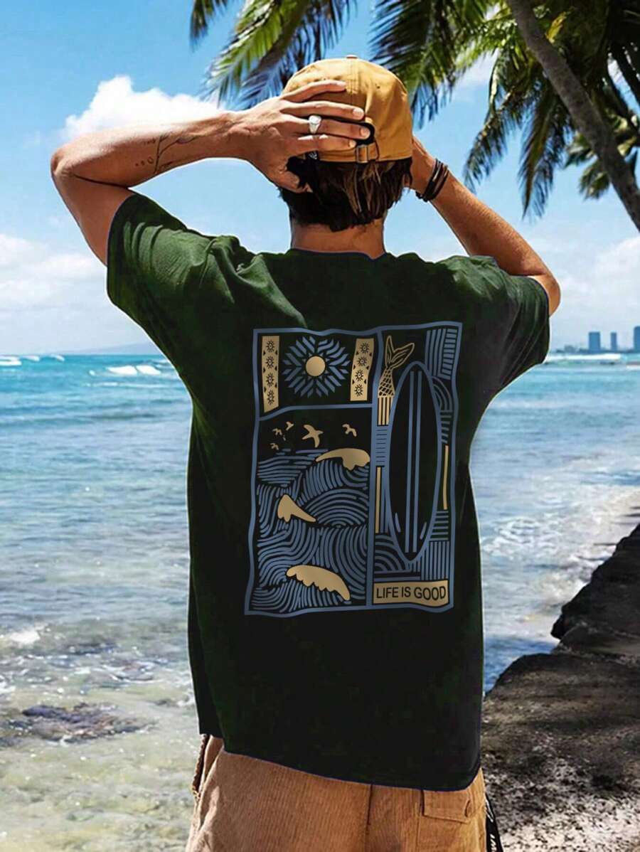Men's Graphic Print Round Neck Casual Short Sleeve T-Shirt, Summer