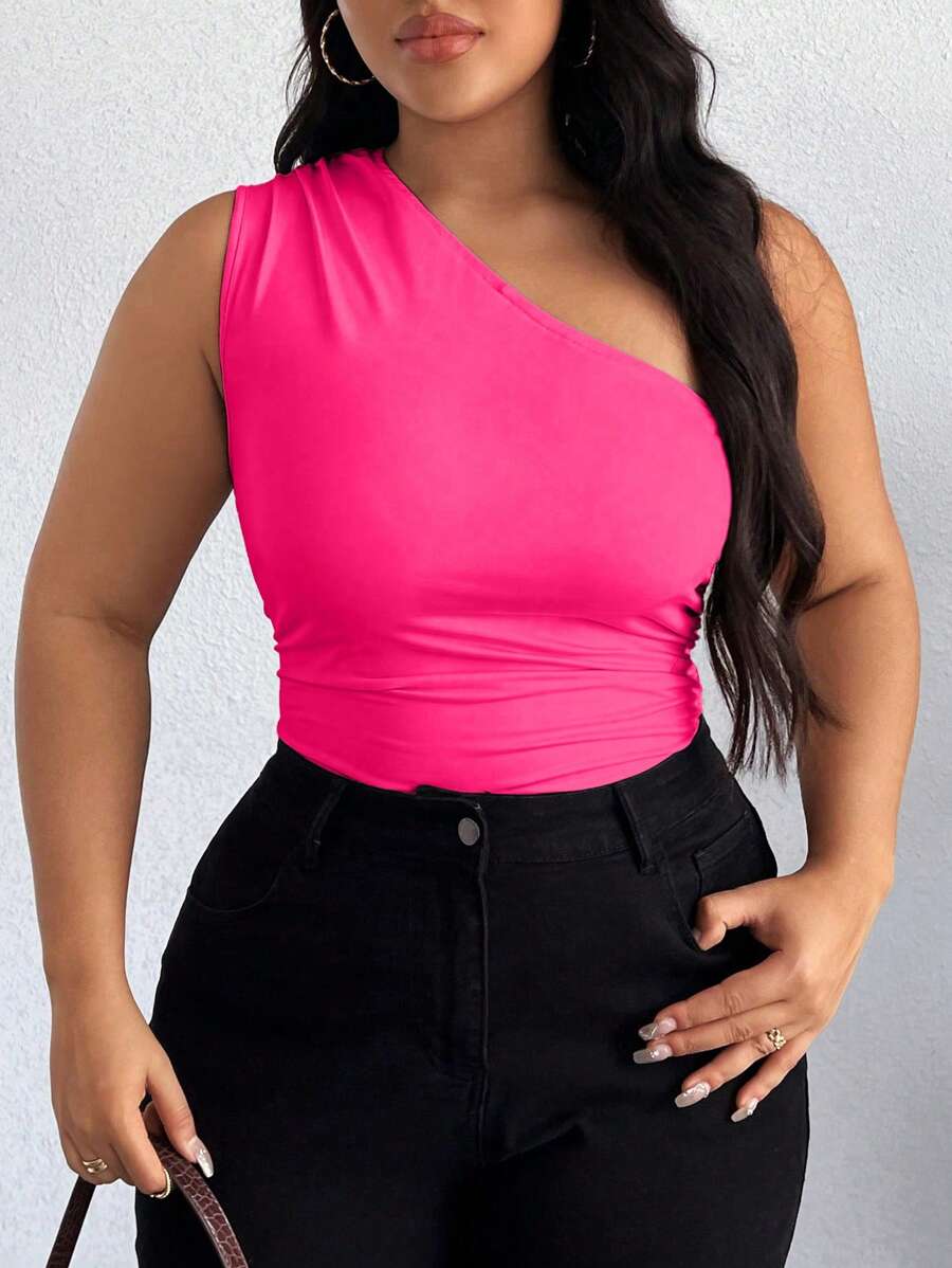 Calvaya Plus Size Women's Summer Solid Color One-Shoulder Sleeveless Pleated Bodysuit, Casual