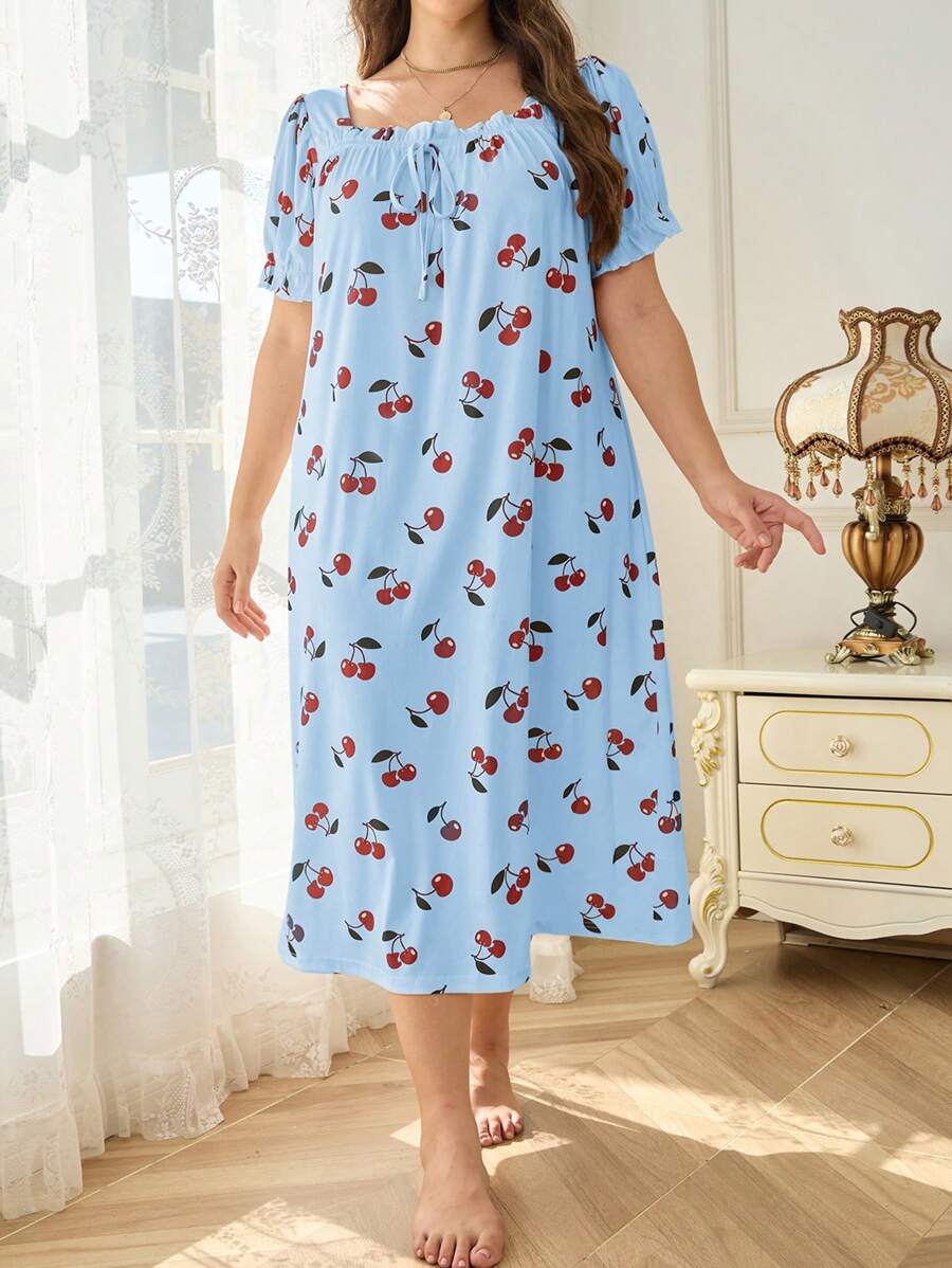Vestido de pijama de verano informal con estampado de cerezas, manga abullonada y encaje floral de talla grande