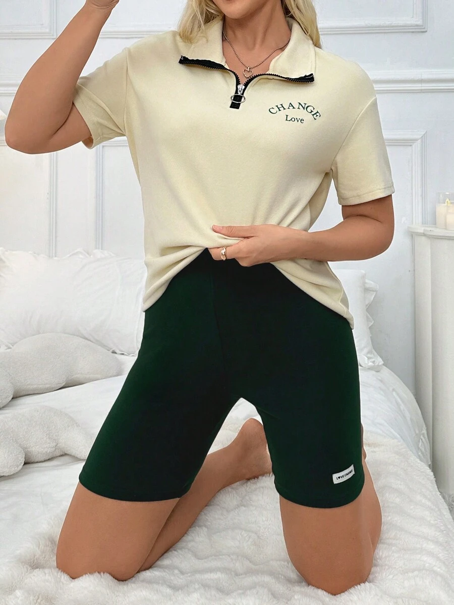 Letter Printed Zipper Half Placket Polo Collar Short Sleeve Top And Shorts Set Sports