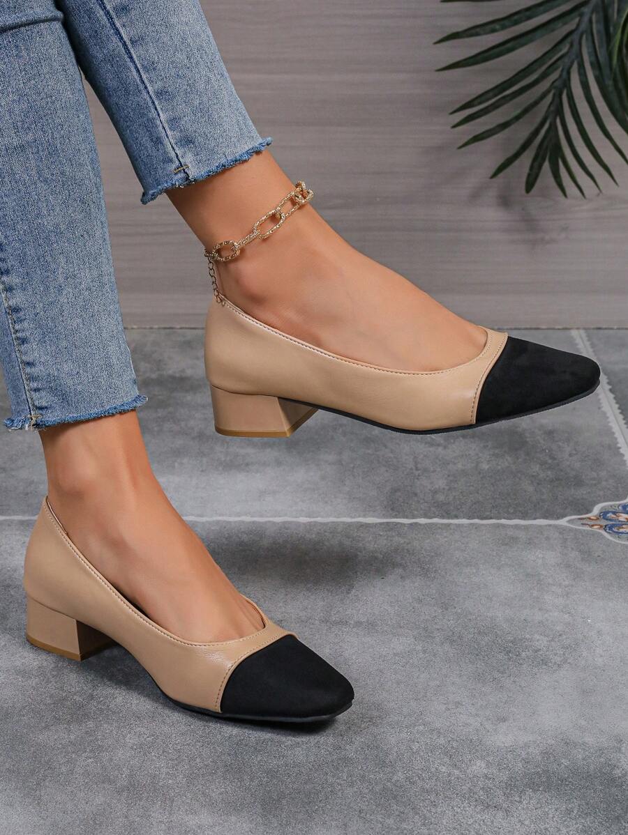 Chunky Heel Patchwork Leather Women's Pumps, Spring/Autumn 2024 New High Heel Patchwork Pointed Toe Shoes