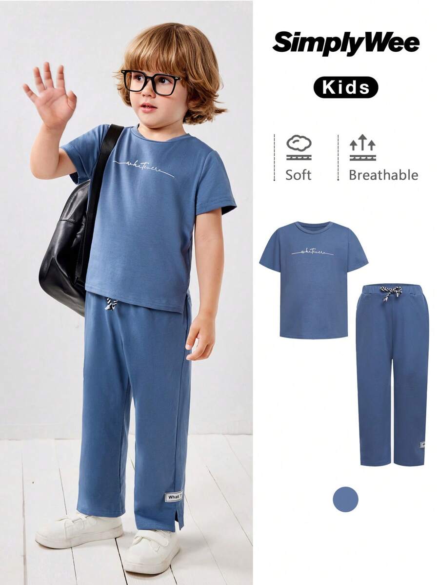 SHEIN Conjunto Casual De Camiseta De Manga Corta Y Pantalón Con Estampado De Letras Para Jóvenes