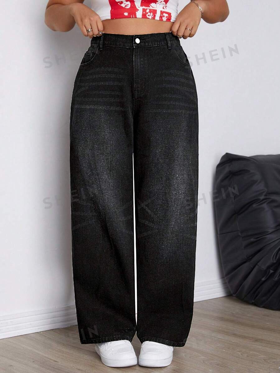 SHEIN EZwear Jeans de novio rectos informales con botones y bolsillos, de unicolor, para tallas grandes