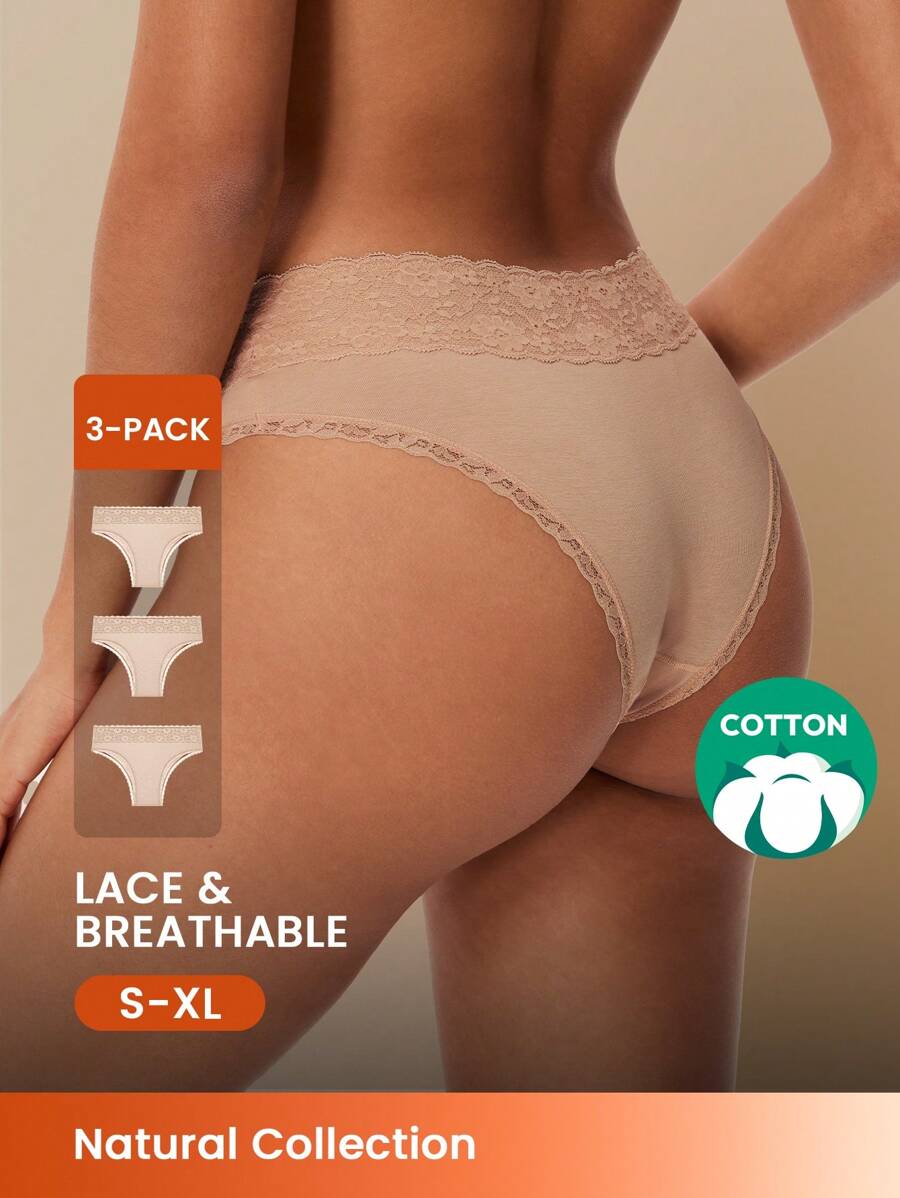 LUVLETTE Set de 3 paquetes de bragas básicas de mujer con cintura media, de algodón transpirable y con adorno de encaje en la parte trasera