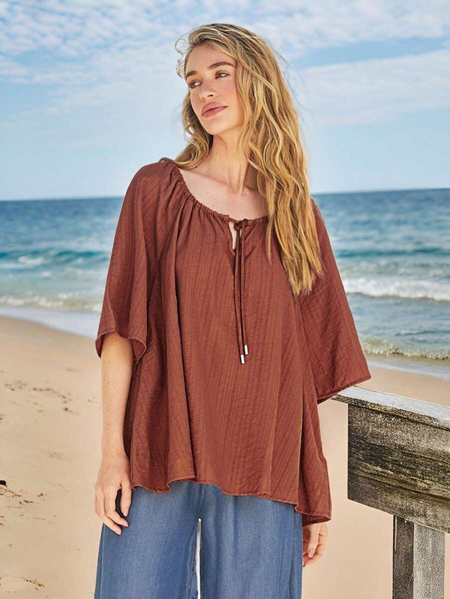 Forever 21 Chemise de vacances décontractée pour femmes, unie de couleur unicolore avec nouage à l'encolure