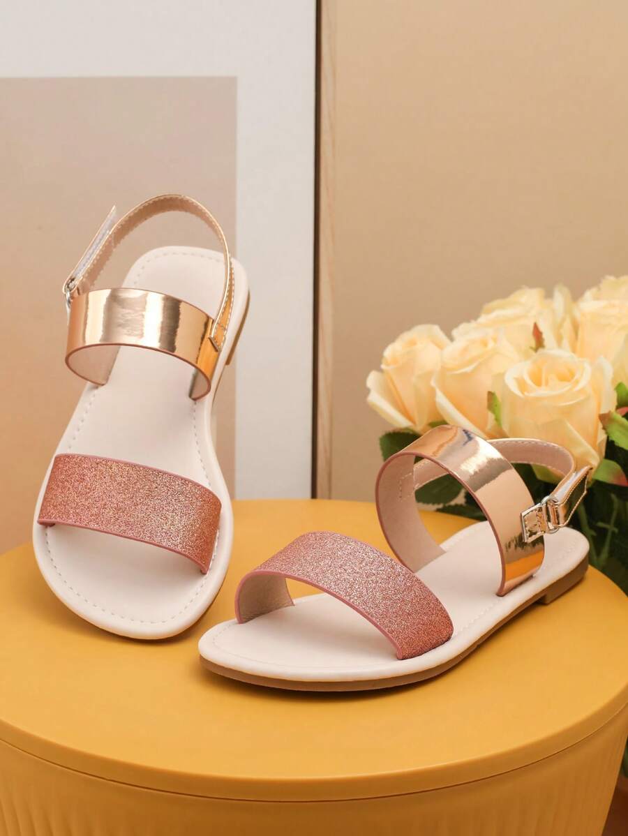 Girls Glitter Hook-and-loop Fastener Flat Sandals, Glamorous Summer Slingback Sandals