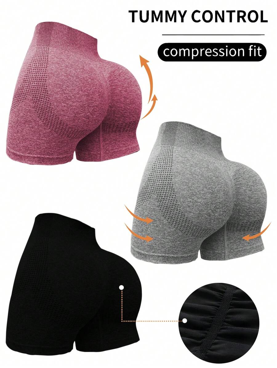 SHEIN Sport Studio 3pcs Solid Color High Waisted Seamless Tummy Control Athletic ShortsWomen Sweat Short, Gym Short, Biker Short