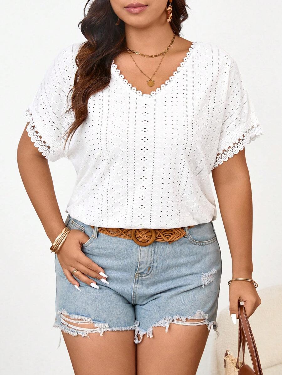 SHEIN Frenchy Spring/Summer Casual Texture V-Neck Lace-Up Plus Size T-Shirt
