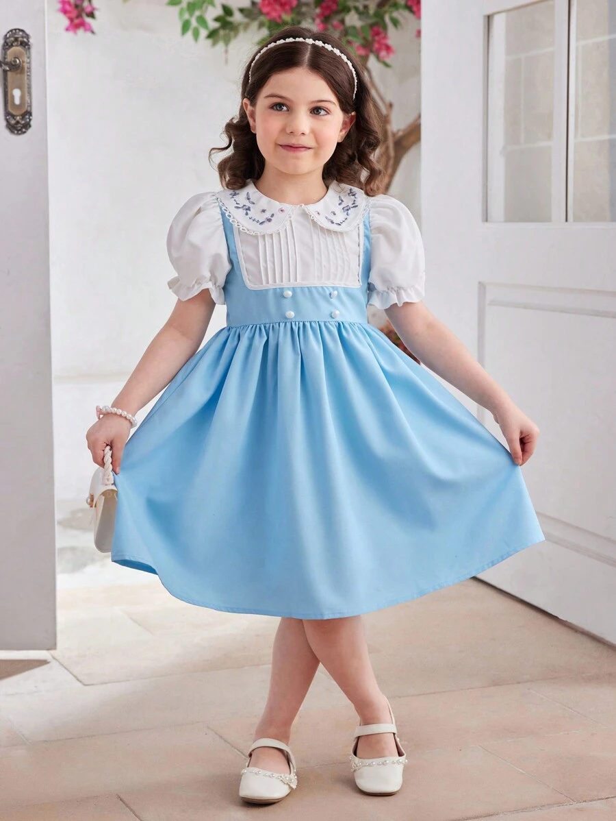 SHEIN Vestido de 2 en 1 con estilo elegante y de princesa para niña, con bloqueo de color, encaje bordado, cuello Peter Pan, mangas abullonadas y longitud hasta la rodilla, adecuado para el verano, volver al colegio, fiestas, actuaciones, reuniones familiares, vacaciones y viajes