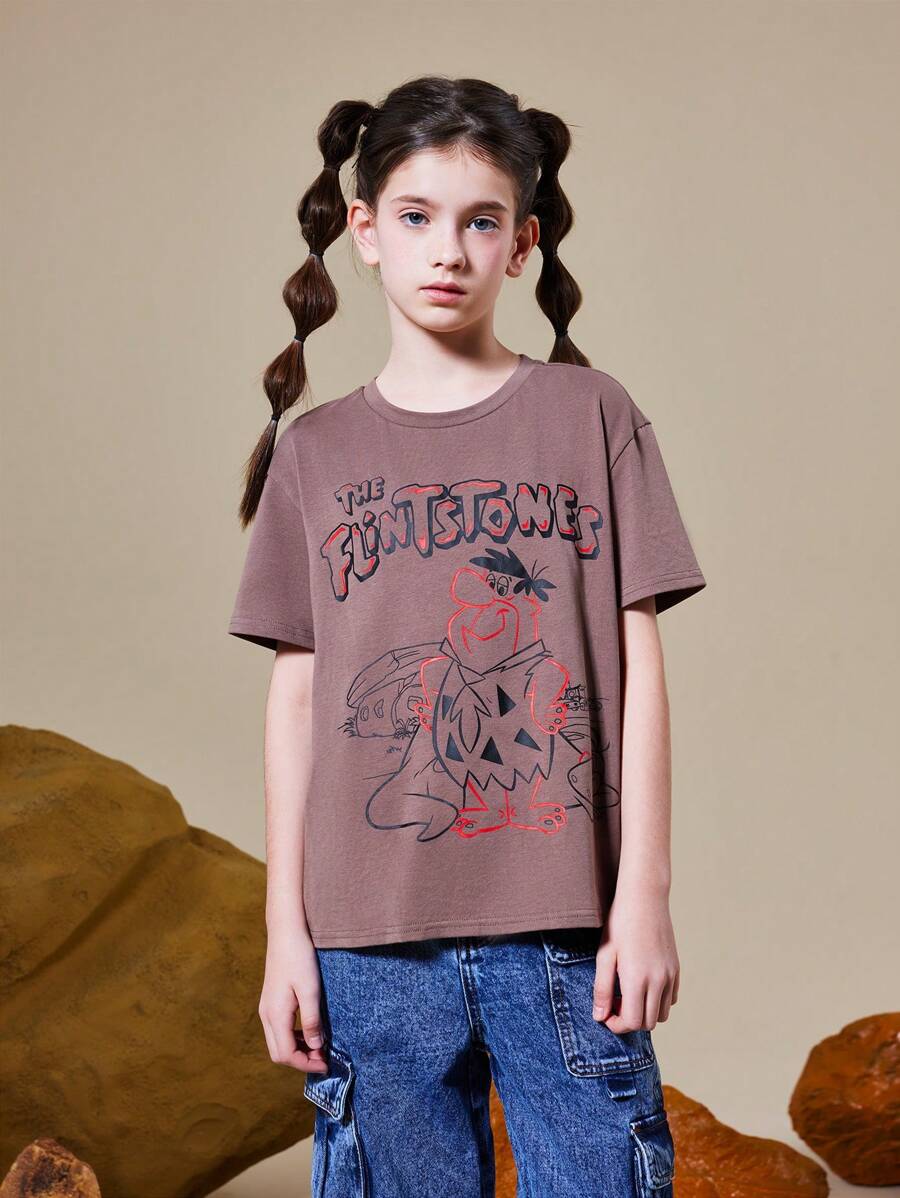 THE FLINTSTONES | SHEIN Camiseta casual de manga corta y talla amplia con personaje de dibujos animados y estampado de letras para niña preadolescente, verano