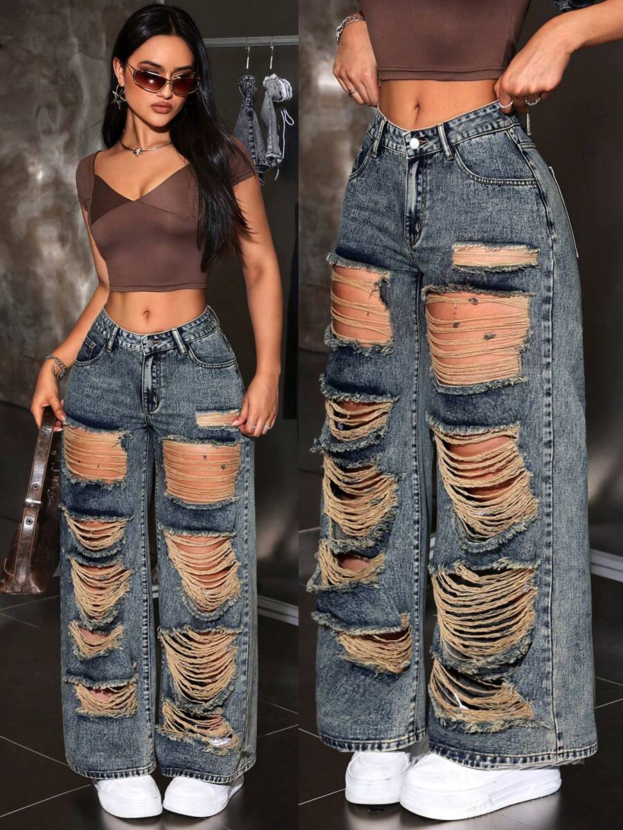 SHEIN ICON Women's Casual Wide Leg Loose Fit Jeans With Distressed Pockets