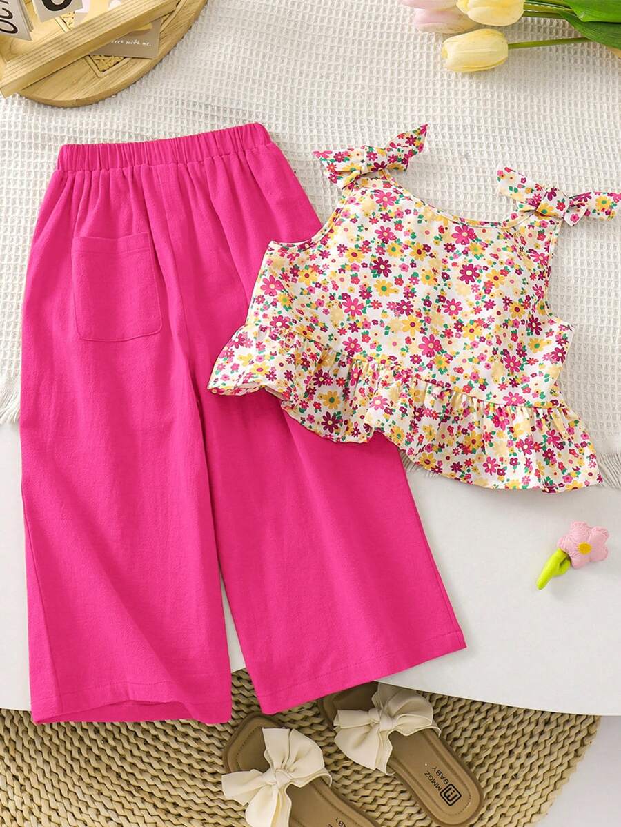 SHEIN LMoss Kids Conjunto de blusa regata floral estampada e calça casual solta para meninas LMoss
