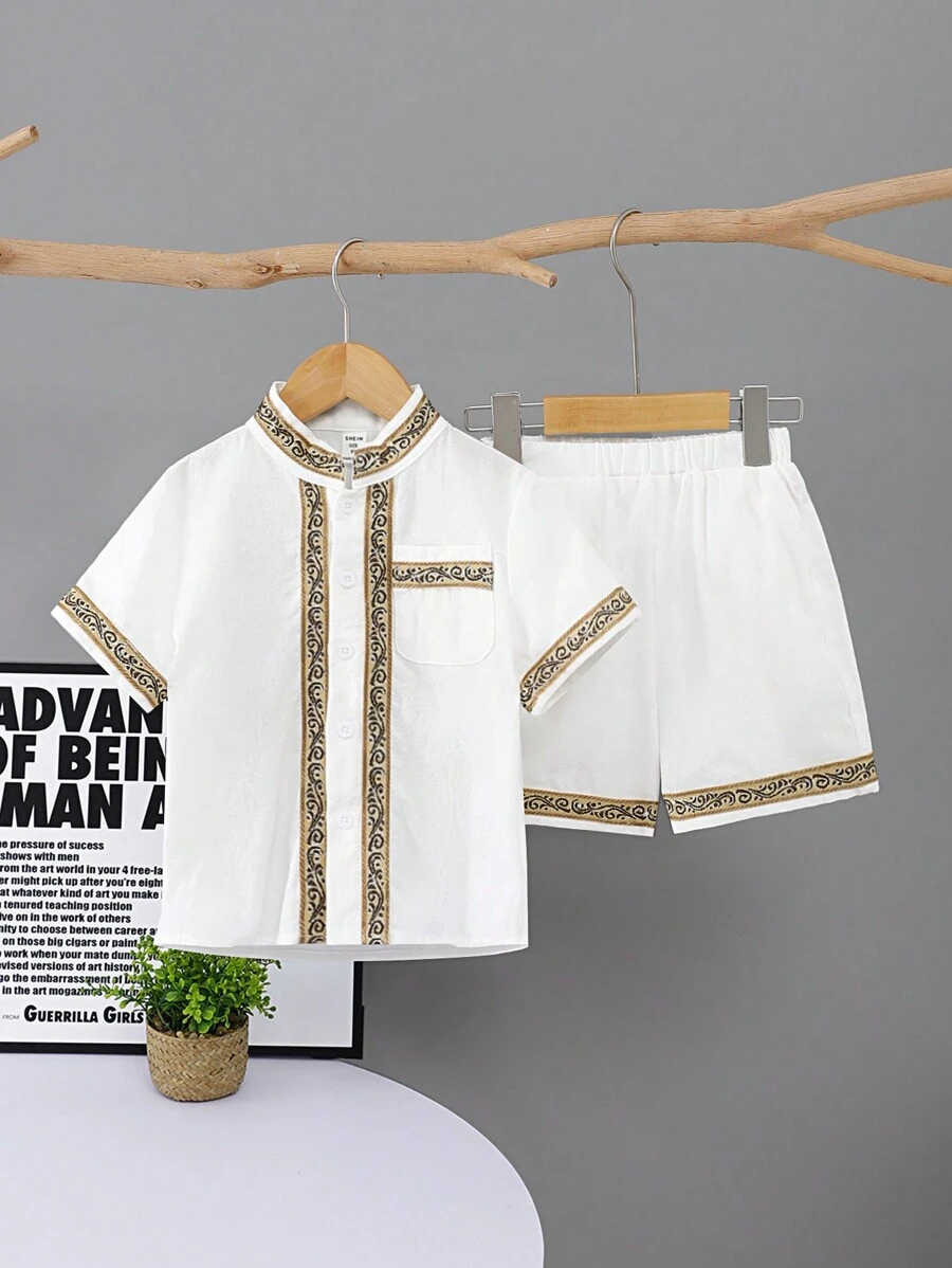 SHEIN Lässiges Kurzes Hemd Mit Stehkragen Und Shorts Für Kleine Jungen, 2 Stück/set