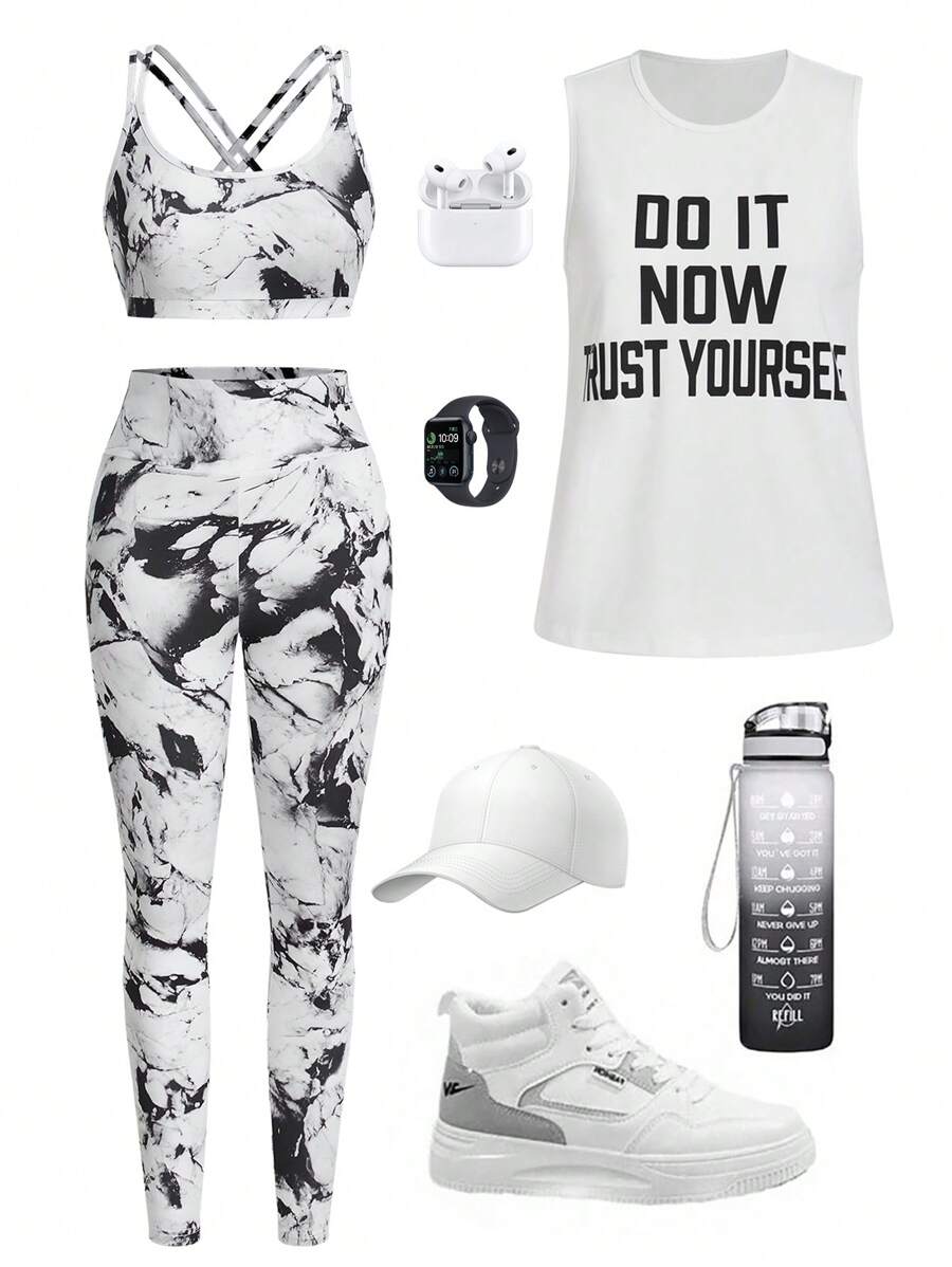 Easify SHEIN Sport Printed Loose Vest + Black Cross Back Tight Camisole + Printed Skinny Pants 3pcs/Setwomen Workout Set Women Leggings Set