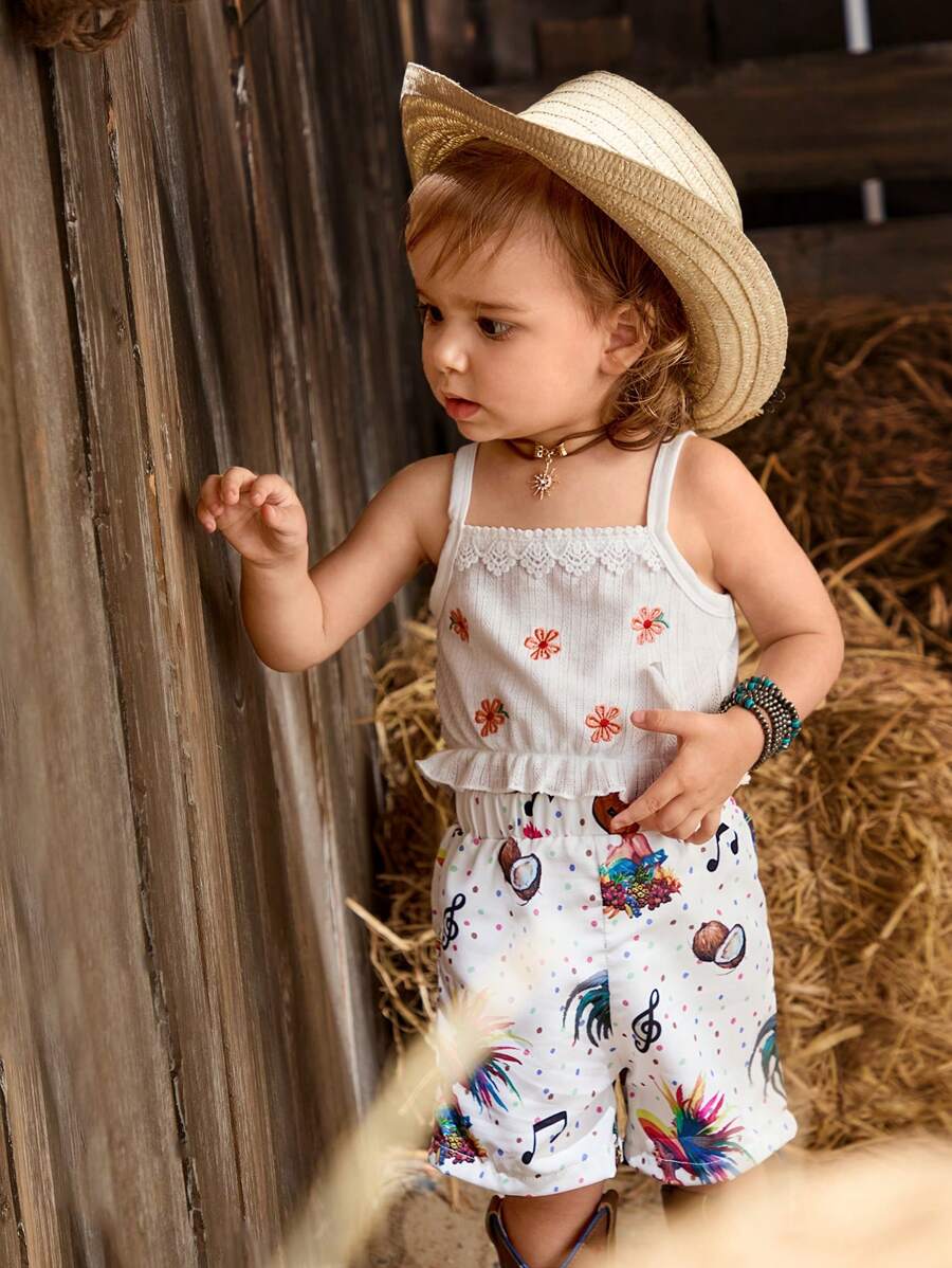 Baby Girl Casual Embroidered Floral Camisole Top With Vacation Style Shorts Set