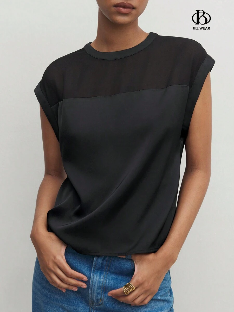 BizChic Women's Summer Solid Color Round Neck Mesh Contrast Batwing Short Sleeve Loose Shirt