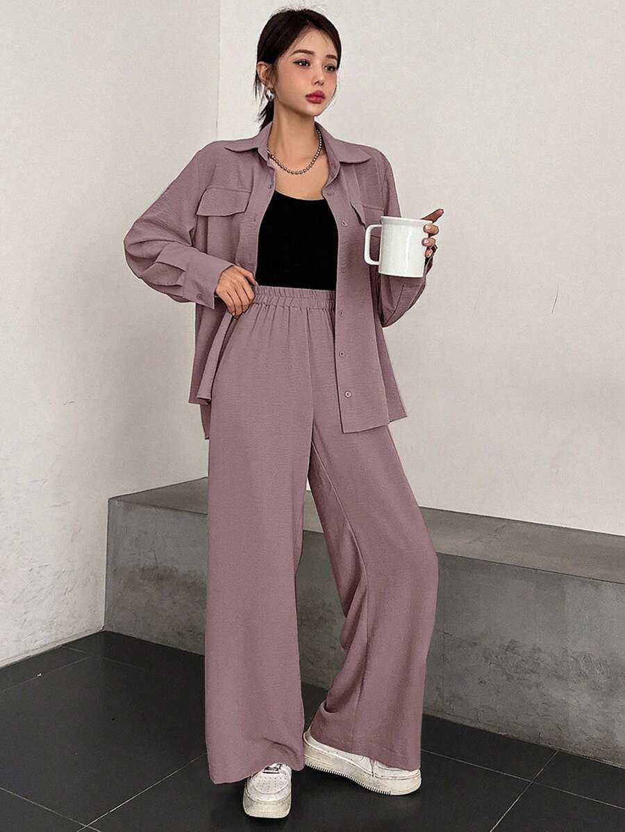 DAZY Women's Spring/Summer Casual Solid Color Long Sleeve Shirt And Pants Two Pieces Set,Fall Women Clothes