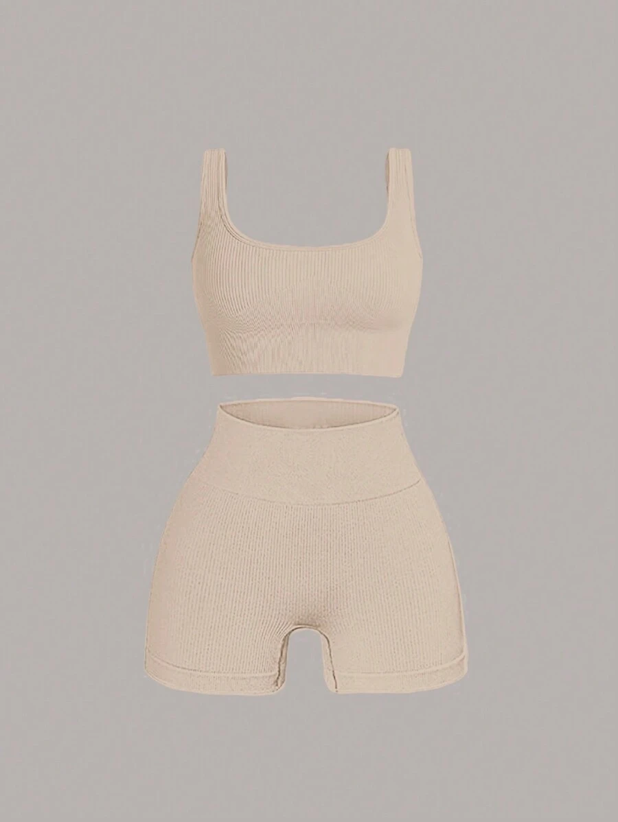 SHEIN EZwear Apricot Knitted Women's Tight-Fitting Casual Suit
