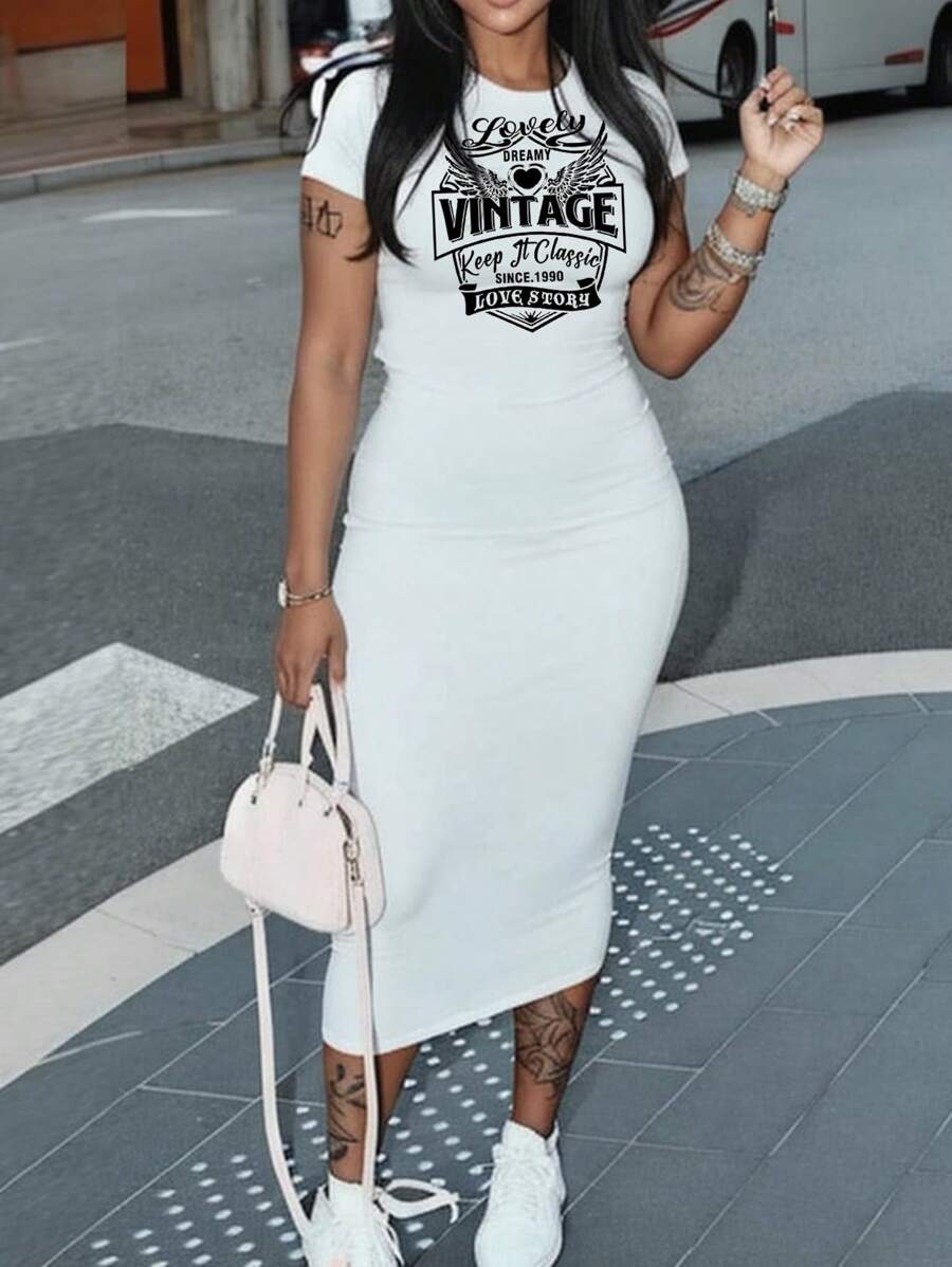 Slaydiva Women Casual Minimalist Vintage Slogan Letter Love Wing Print Short Sleeve Bodycon Mid-Length Dress, Suitable For Summer