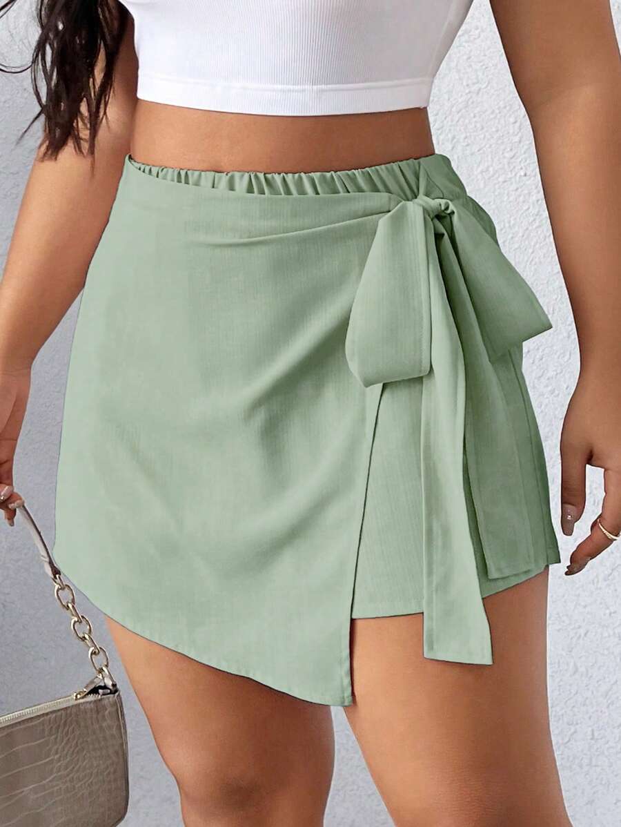 Calvaya Plus Size Solid Color Knotted Asymmetric Hem Casual Shorts For Summer