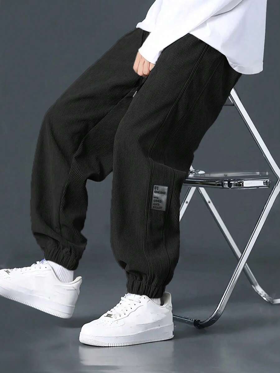 Manfinity Hypemode Pantalones de chándal informales para hombres con cordón en la cintura y detalles de parches