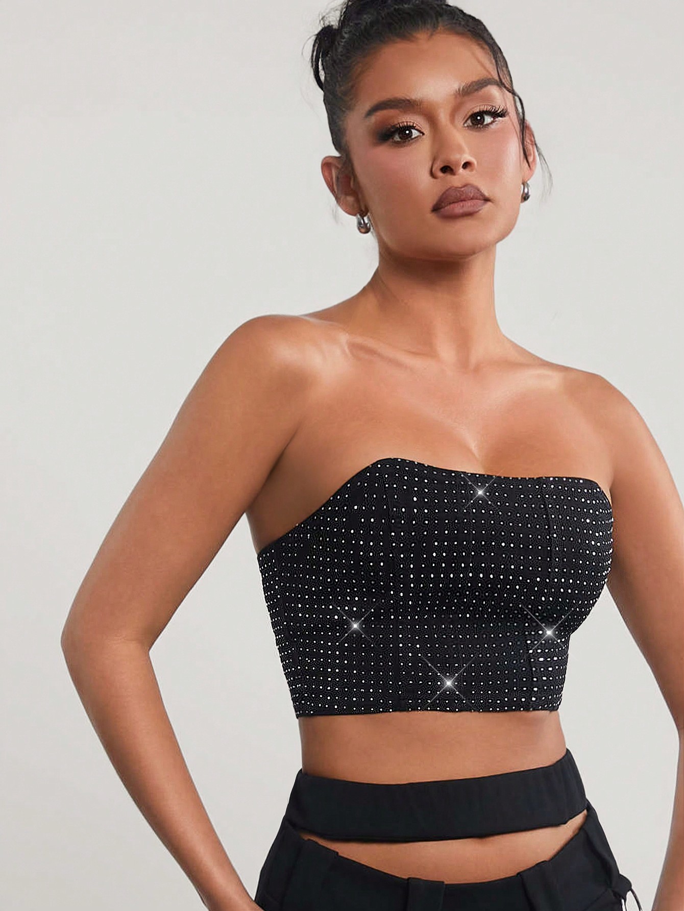 Denimoi Fall Women Clothes, Women's Black Summer Fashionable Sexy Elegant Rhinestone Embellished Fitted Crop Top With Strapless Denim Design, Date Night, Concerts, Performances, Music Festivals, Parties, Clubs, Holidays