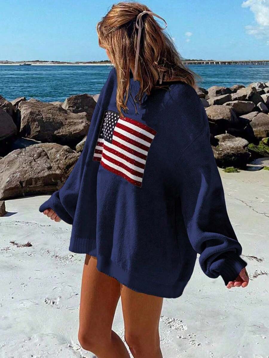 Chiquease Flag Pattern Drop Shoulder Long Sleeve Sweater,Long Sleeve Tops