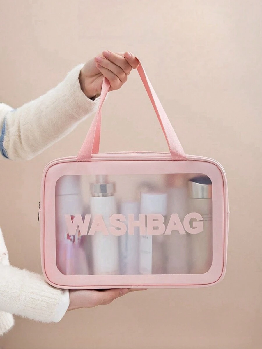Large Capacity Translucent Pink Cosmetic Bag With Letter Print, Portable