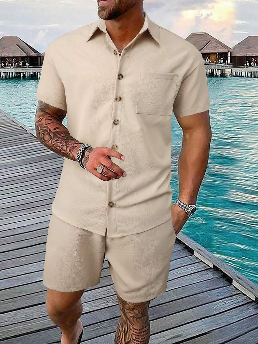 Manfinity RSRT Set van effen kleur, eenvoudig dagelijks overhemd en korte broek met korte mouwen voor heren