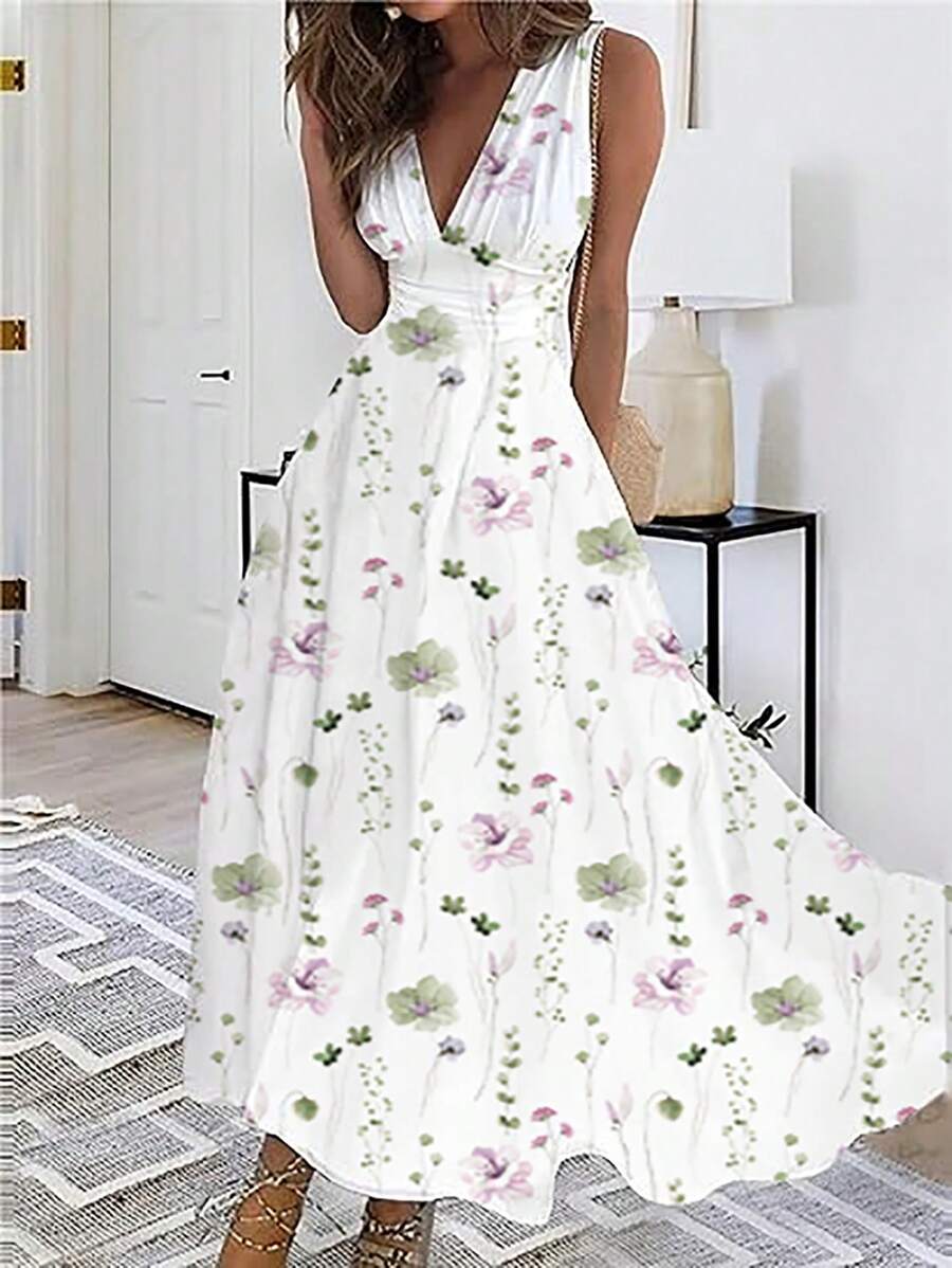 SHEIN LUNE Floral Printed V-Neck Sleeveless Summer Dress With Asymmetrical Hemline