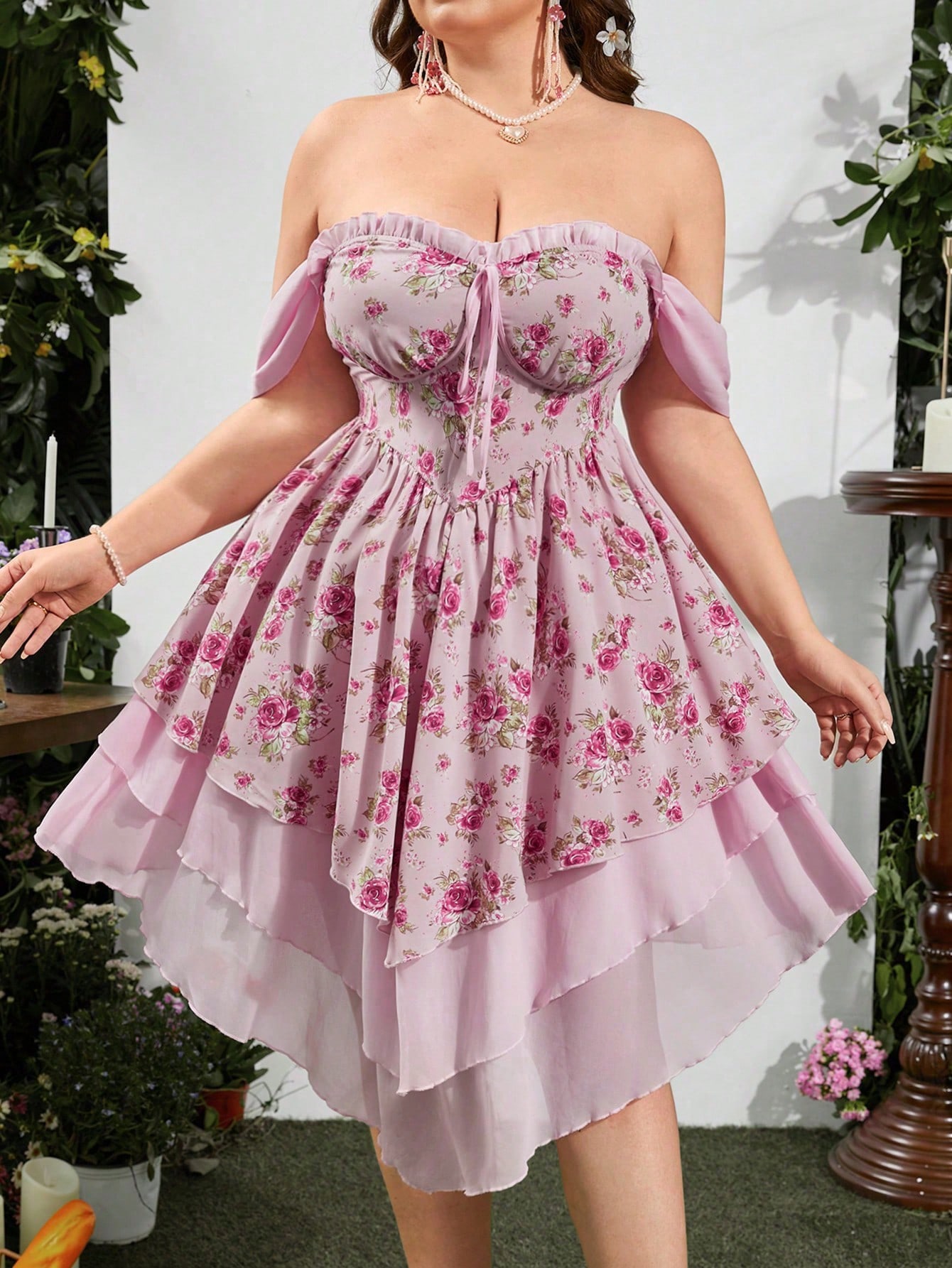 SHEIN MOD Plus Size Romantic Sweetheart Neckline Flower Print Patchwork Dress, Summer