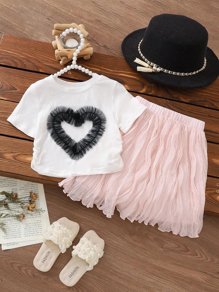 Baby Girls' 3D Heart Drawstring T-Shirt And Princess-Style Tulle Dress 2pcs Summer Outfit