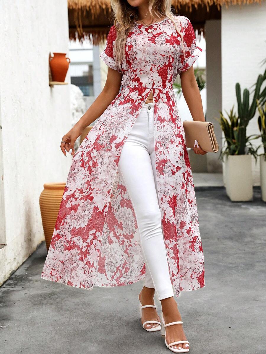 EMERY ROSE Camisa larga con impresión floral y abertura lateral alta ideal para vacaciones y tiempo de ocio
