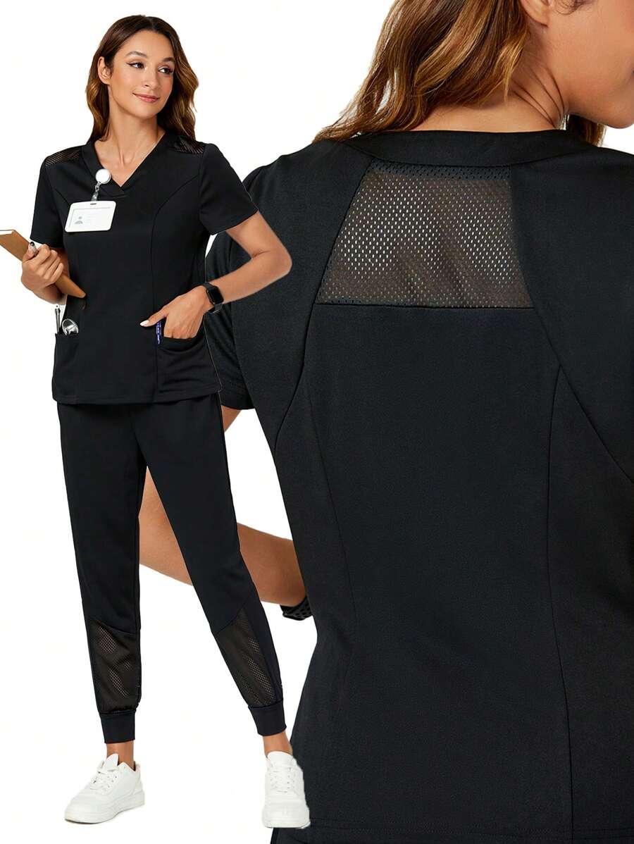 TaskEZ Shein Essnce Women Nurse Uniform Scrubs Summer Solid Color V-Neck Top With Pockets And Short Pants Uniform Set