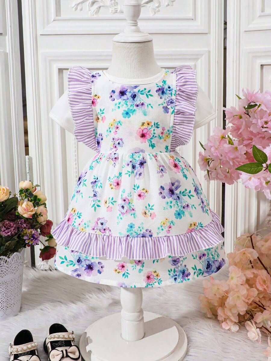 Baby Girls' Flower Print Patchwork Striped Ruffle Dress And Short Sleeve Top Set
