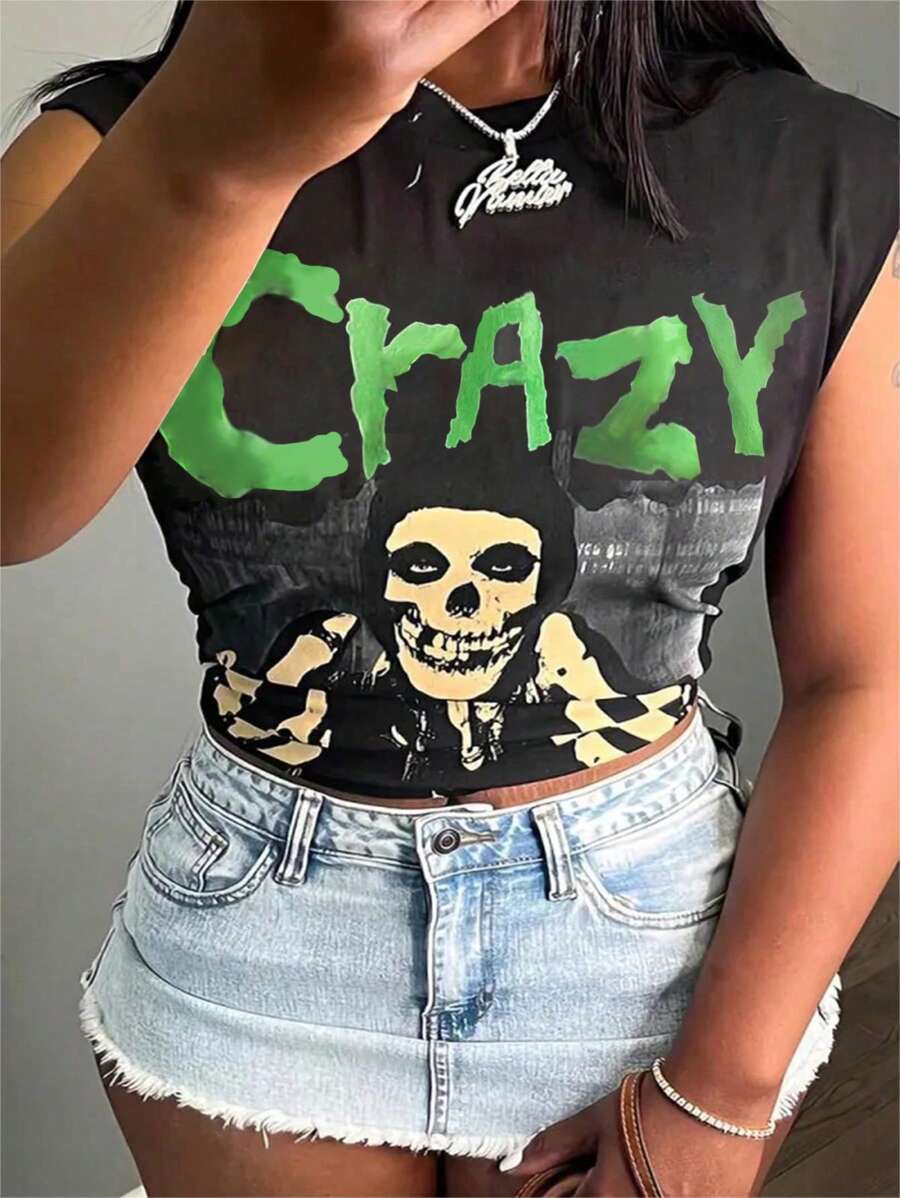 SHEIN Slayr Skull & Letter Print Round Neck Short Sleeve Summer Casual T-Shirt With Pleats