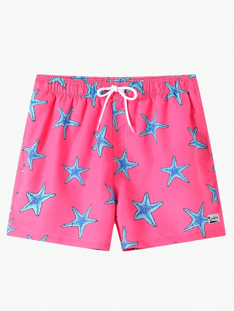 Manfinity Men's Loose Fit Starfish Printed Drawstring Waist Beach Shorts For Vacation