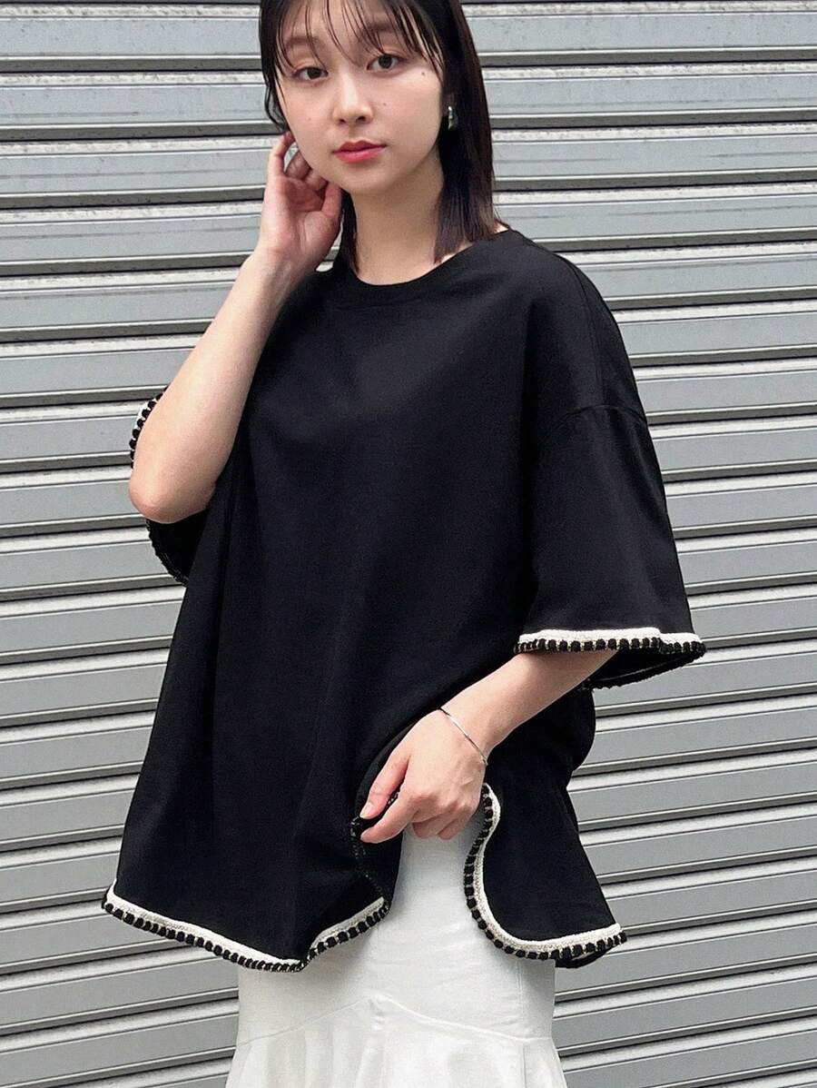 FRIFUL Women's Summer Loose Round Neck T-Shirt With Wide Sleeves And Cuff Splice Design