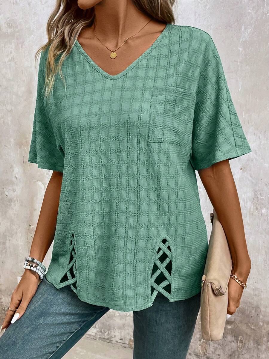 EMERY ROSE Women's Summer V-Neck Batwing Sleeve Loose T-Shirt With Pocket And Cross Hem