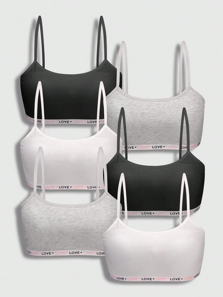 6 Pieces Teen Girls' Basic Letter Color Contrast Minimalist Solid Color Camisole Underwear Set,Summer Travel