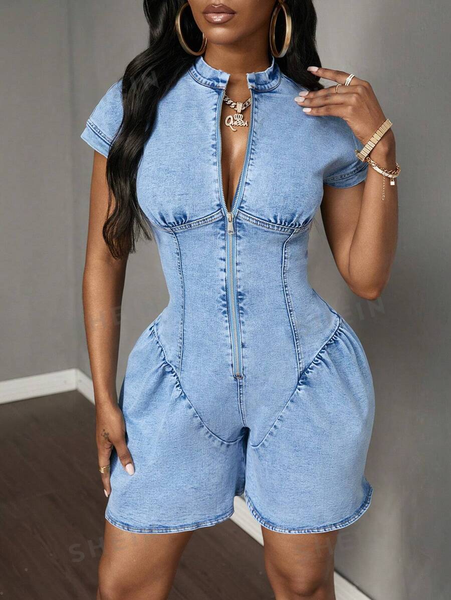 SHEIN Slayr Mono informal de mezclilla sin mangas con cuello alto de un solo color y detalles calados para el verano